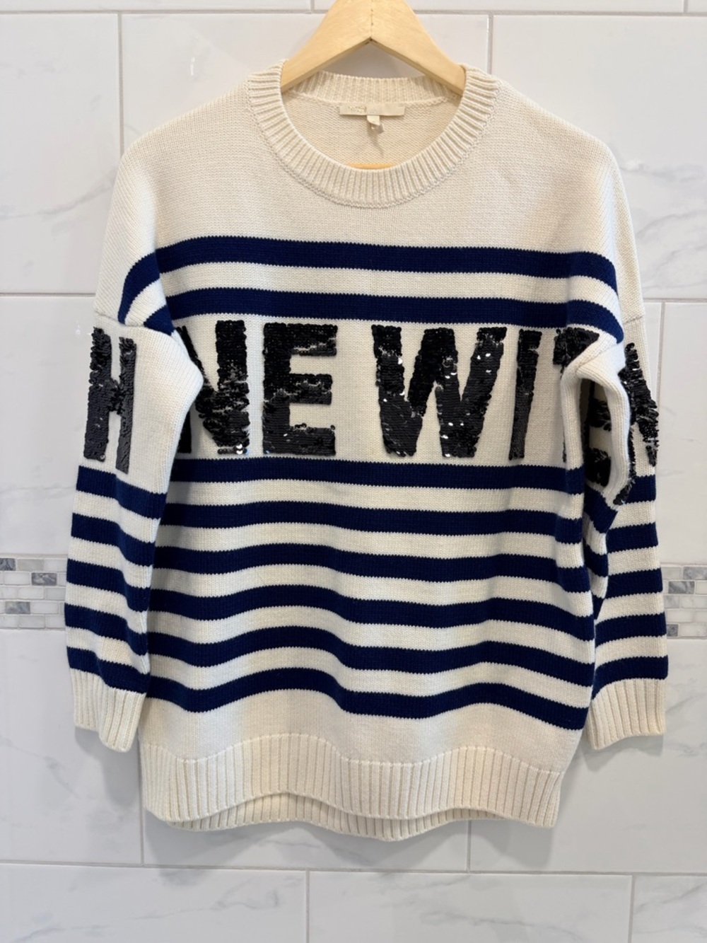 Maje Wool Blend Blue and White 'Shine with me' Women's Sweater - Picture 3 of 7